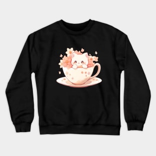 Cute Cat in a Teacup with Flowers Crewneck Sweatshirt